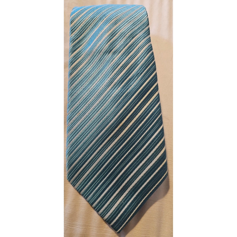 Brand Q Mens Necktie Blue Teal White Diagonal Stripe Microfiber Italian Design